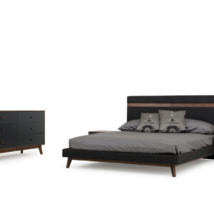 Eastern King Dali Modern Grey Fabric & Walnut Bed