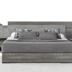 Queen Enzo Italian Modern Grey Oak & Fabric Bed w/ Nightstands