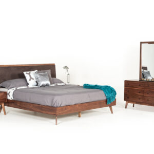 Eastern King Marshall Mid-Century Modern Brown Fabric & Walnut Bed