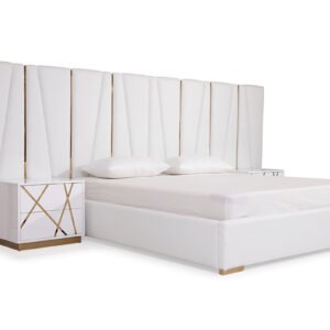 Eastern King Nixa Modern White Bonded Leather & Gold Bed