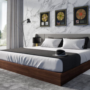 Queen Janice - Modern Grey Fabric and Walnut Bed and Nightstands