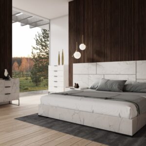 Queen Size Marbella - Italian Modern White Marble Bed w/ 2 Nightstands