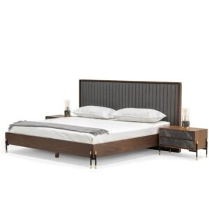 Metcalf - Mid-Century Walnut & Grey Bed w/ Two Nightstands