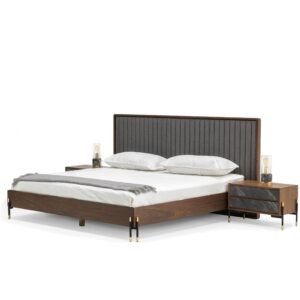 Queen Metcalf - Mid-Century Walnut & Grey Bed w/ Two Nightstands