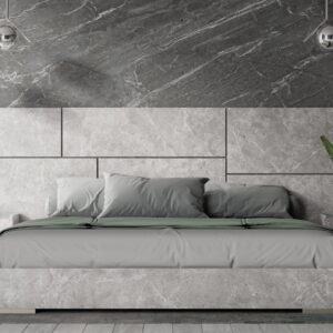 California King Marbella - Italian Modern Grey Marble Bed w/ 2 Nightstands