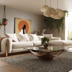 Fleury - Contemporary Cream Fabric and Walnut RAF Sectional Sofa