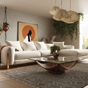 Fleury - Contemporary Cream Fabric and Walnut RAF Sectional Sofa