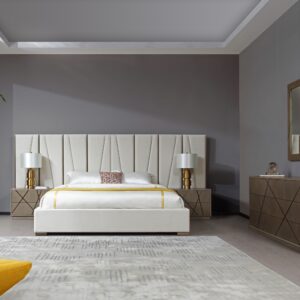 Nixa - Modern Beige Velvet + Brushed Bronze + Birch Bedroom Set-queen