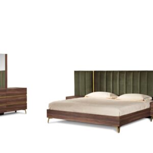 Calabria Modern Walnut & Green Velvet Bed & Nightstands