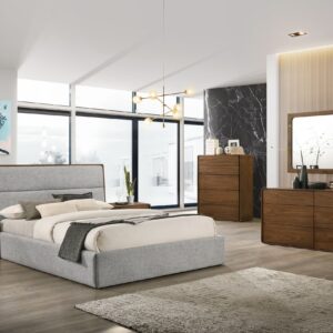 Dustin - Modern Grey Fabric & Walnut Trimmed Bed