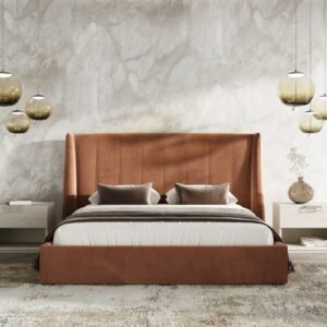 Roma + Lago - Modern Burnt Orange Velvet + Faux Travertine 4-Piece Bedroom Set