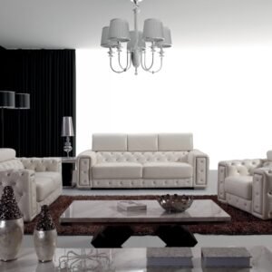 Lumy - Modern Tufted White Leather Loveseat with Crystals