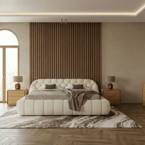 Yolonda + Dustin - Modern Off-White Fabric + Natural Oak 4-Piece Bedroom Set