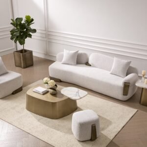Rainier - Contemporary Off-White Fabric + Antique Brass Ottoman