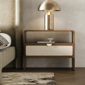 Harris + Emilio - Modern Off-White Fabric + Burlap + Walnut 4-Piece Bedroom Set