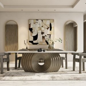 Moorgate - Modern Travertine Ceramic + Bronze Dining Table