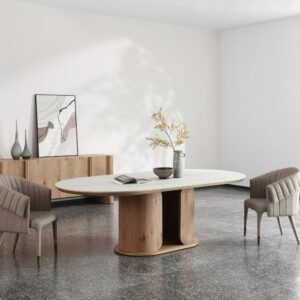 Walbrook - Modern Faux Travertine Ceramic + White Oak Oval Dining Table