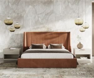 Eastern King Roma + Lago - Modern Burnt Orange Velvet + Faux Travertine Bed + Nightstands Set