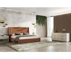 Eastern King Roma + Lago - Modern Burnt Orange Microfiber + Faux Travertine 4-Piece Bedroom Set