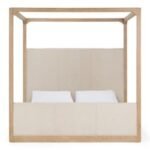 Eastern King Sergio - Modern Beige Fabric + Natural Oak Canopy Bed