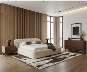 Queen Yolonda + Soria - Modern Beige Fabric + Walnut 4-Piece Bedroom Set