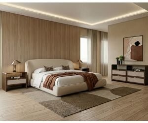Queen Lambert + Emilio - Modern Beige Fabric + Walnut + Burlap 4-Piece Bedroom Set