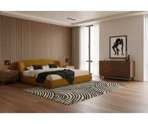 Queen Lambert + Soria - Modern Burnt Orange Fabric + Walnut 4-Piece Bedroom Set