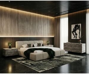 Queen Lamont + Aria - Modern Beige Fabric + Grey Texture 4-Piece Bedroom Set