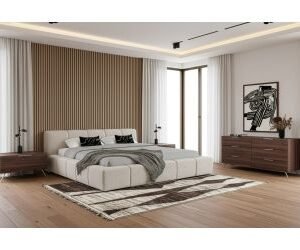 Queen Lamont + Brooklyn - Modern Beige Fabric + Walnut 4-Piece Bedroom Set