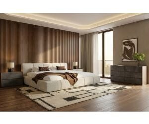 Eastern King Lamont + Rado - Modern Beige Fabric + Walnut 4-Piece Bedroom Set