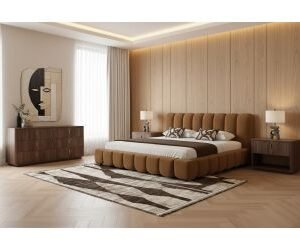 Queen Harris + Roma - Modern Brown Fabric + Walnut 4-Piece Bedroom Set