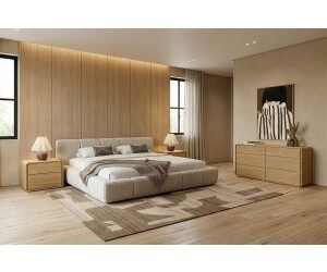 Eastern King Lamont + Dustin - Modern Beige Fabric + Natural Oak 4-Piece Bedroom Set