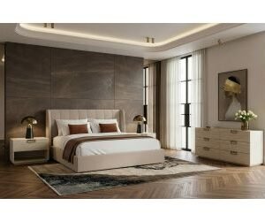 Queen Kiro + Lago - Modern Tan Fabric + Faux Travertine 4-Piece Bedroom Set
