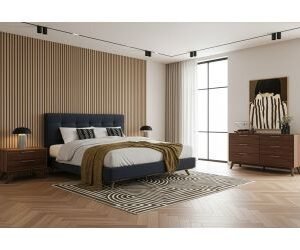 Queen Addison +Soria - Mid-Century Modern Grey Fabric + Walnut 4-Piece Bedroom Set