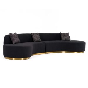 Frontier - Glam Black Fabric Curved Sectional Sofa with Grey Pillows