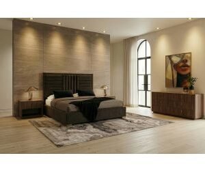 Eastern King Daystar + Roma - Modern Dark Brown Velvet + Walnut 4-Piece Bedroom Set
