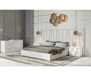 Eastern King Nixa - Modern White + Gold 4-Piece Bedroom Set