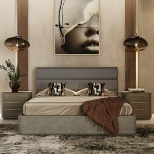 Lois - Modern Grey Leather & Beige Shagreen Bed
