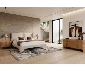 Eastern King Newhart - Modern Beige Fabric + Natural Oak 4-Piece Bedroom Set