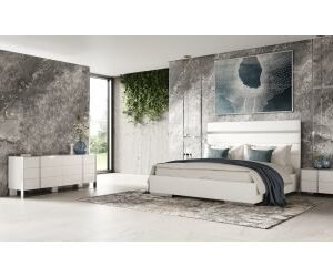 Queen Cartier - Modern White Vegan Leather + Stainless Steel 4-Piece Bedroom Set