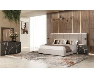 Eastern King Penelope + Aspen - Modern Beige Velvet + Brown Ash Bedroom Set