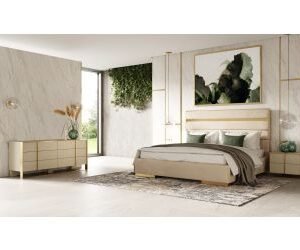 California King Cartier - Modern Beige Velvet + Brushed Brass 4-Piece Bedroom Set