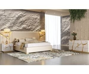 Queen Aspen - Modern Beige + White + Gold 4-Piece Bedroom Set